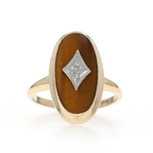 Yellow Gold Tiger Eye Diamond Ring - 10k Oval Cabochon
